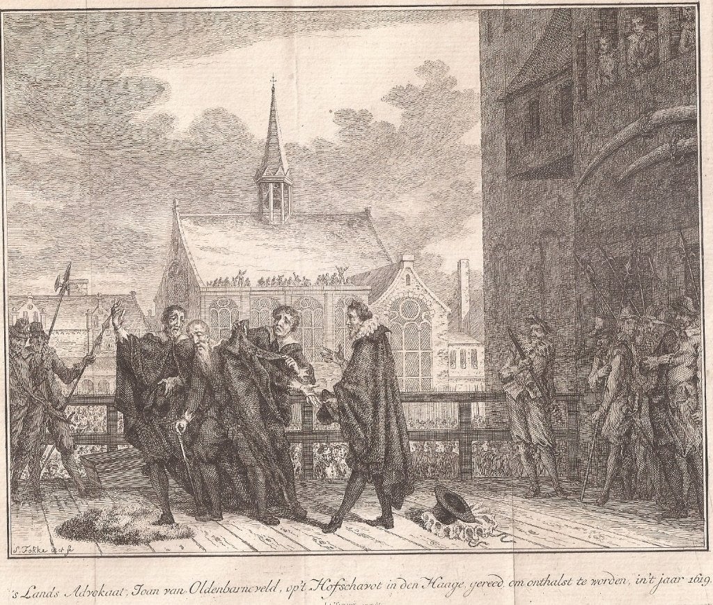 's Lands Advokaat Joan van Oldenbarneveld op Hofschavot 1619, Origineel, 19 cm, Ophalen of Verzenden, Gravure