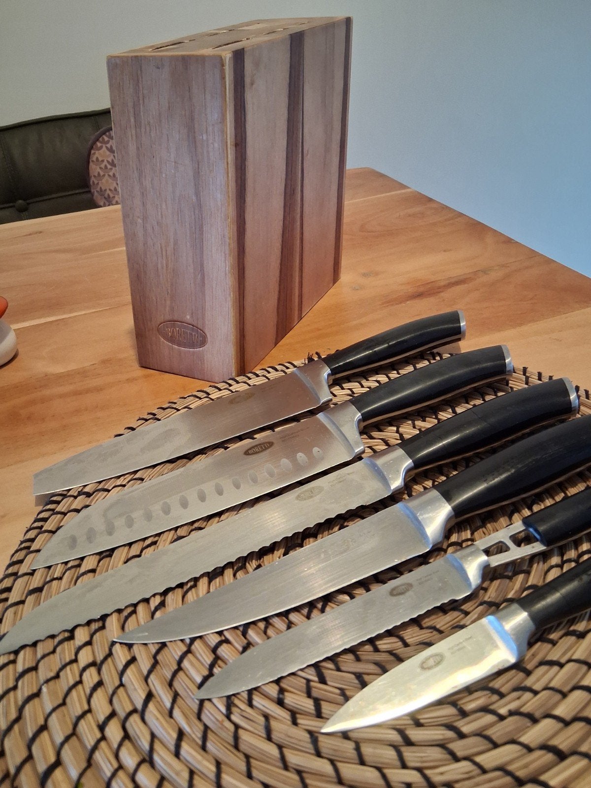 Boretti Messenset met Houten Blok - High Carbon Steel, Gebruikt, Los bestek, Ophalen of Verzenden, Rvs of Chroom