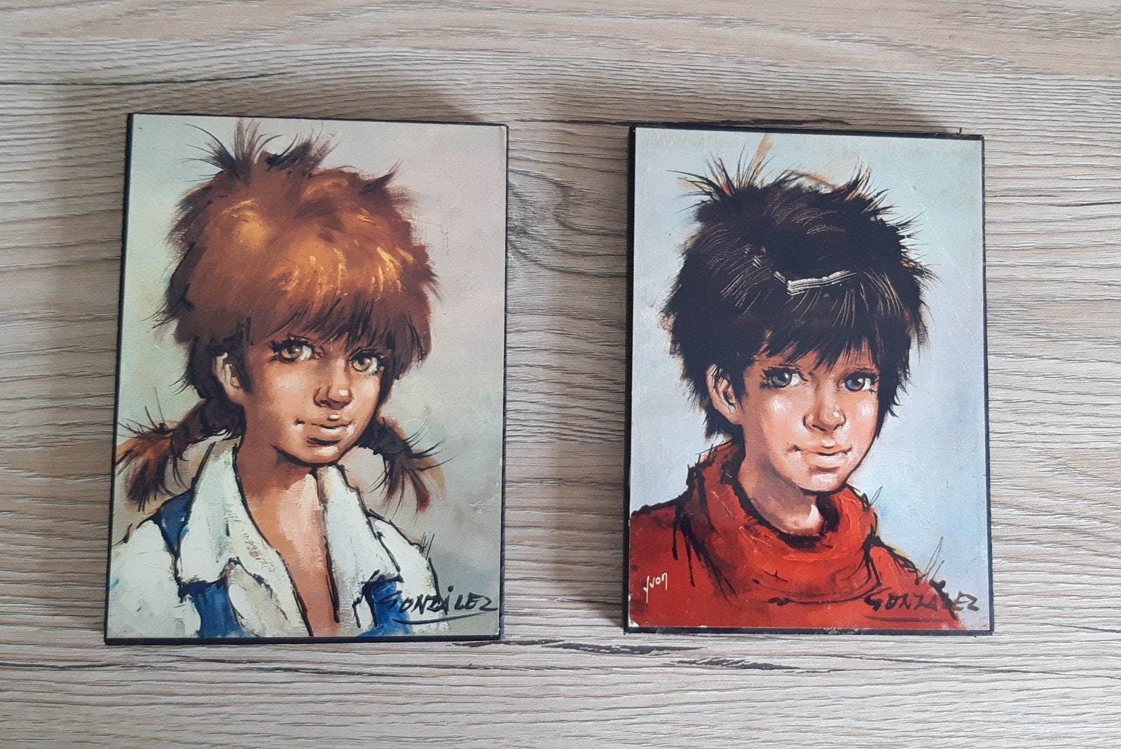 2x Vintage Schilderijen van Gonzalez - Jongen en Meisje, Ophalen of Verzenden
