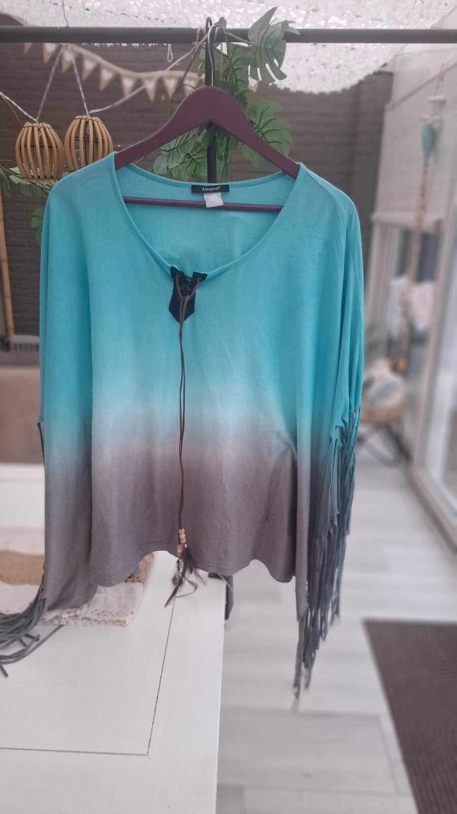 Mayentl Boho Poncho Top met Franjes - Turquoise/Grijs Ombre, Maat 38/40 (M), Meerkleurig, Ophalen of Verzenden, Zo goed als nieuw