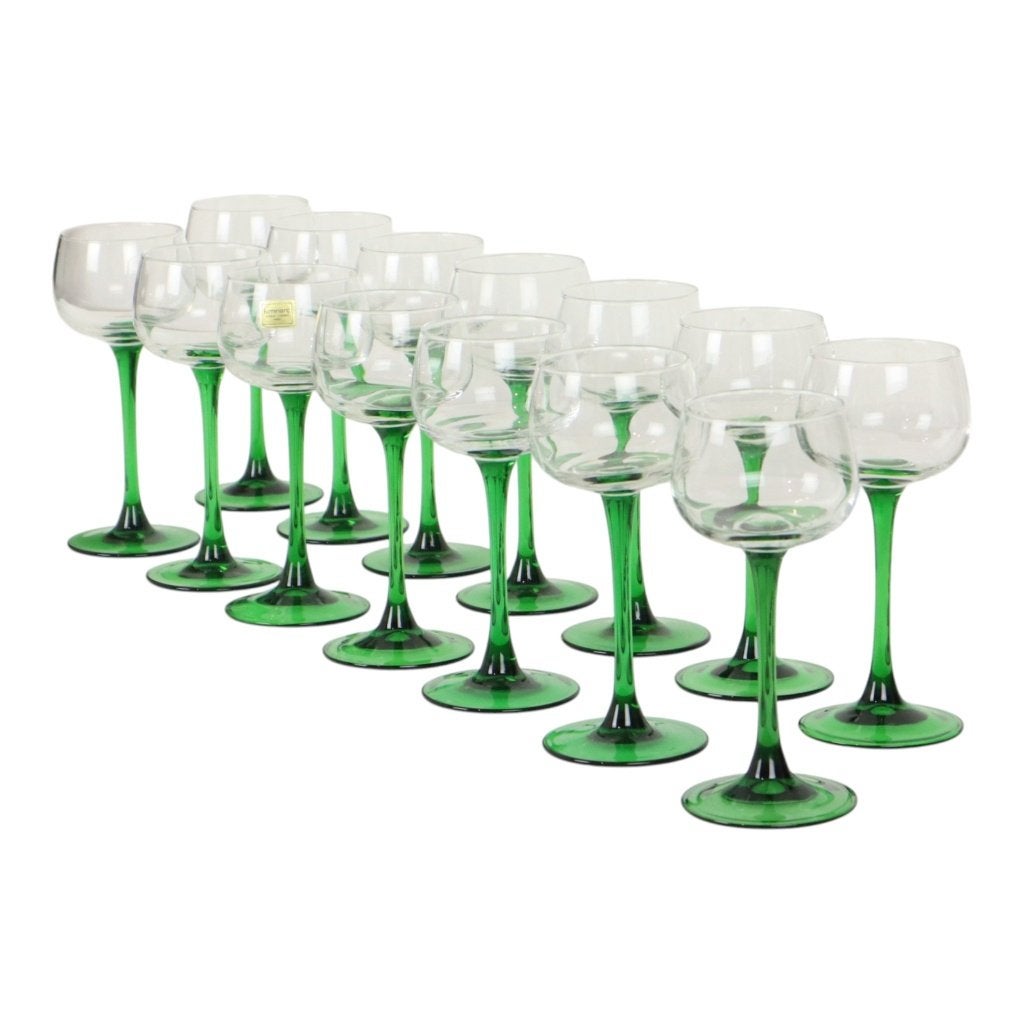 Set Van 14 Vintage Luminarc Elzas Wijnglazen Groene Steel, Ophalen of Verzenden, Zo goed als nieuw, Overige typen