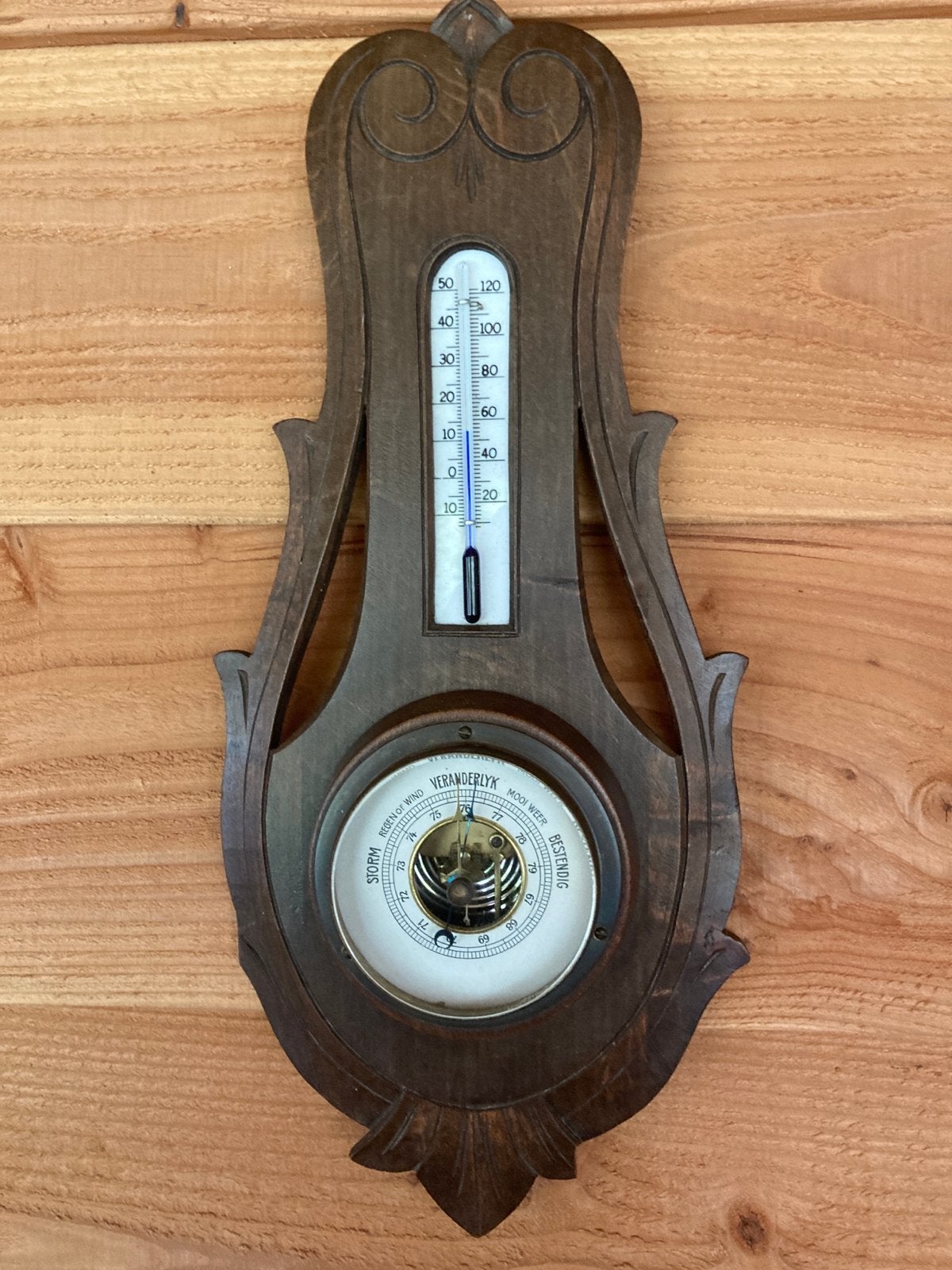 Antieke Barometer en Thermometer - Houtsnijwerk, Ophalen of Verzenden, Gebruikt, Barometer