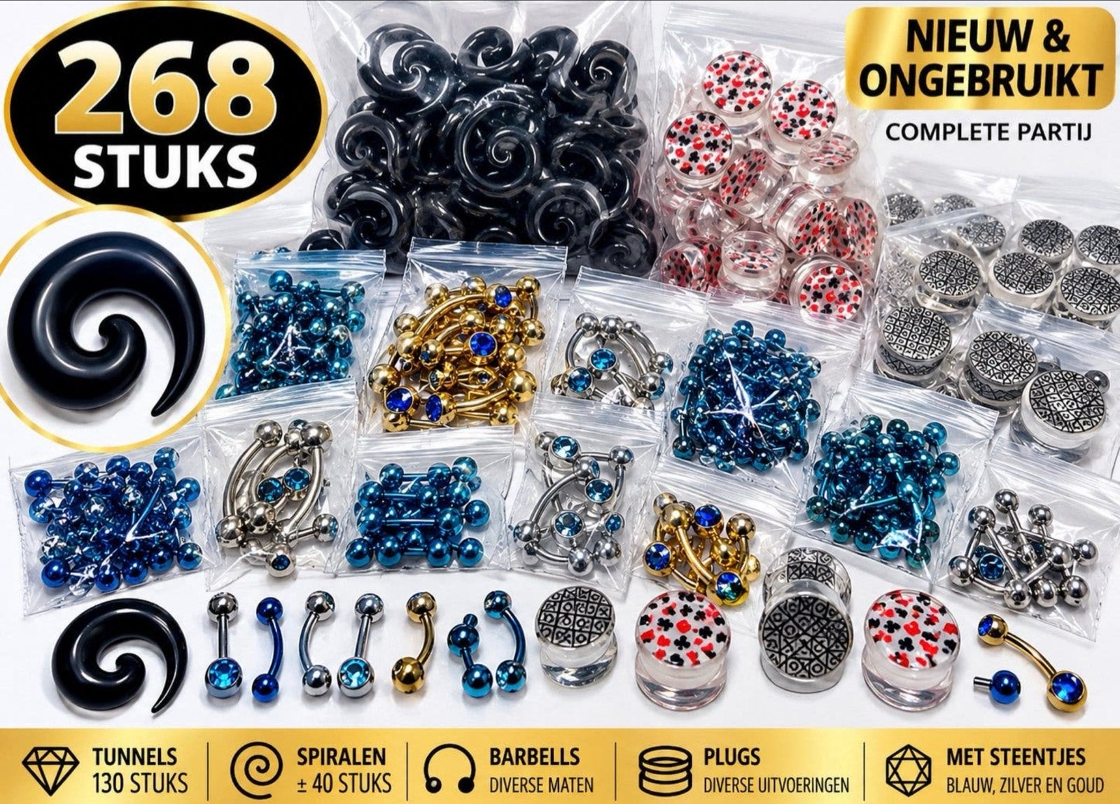 Grote partij van 268 nieuwe piercings: tunnels, spiralen, ba, Overige materialen, Overige typen, Nieuw, Ophalen of Verzenden