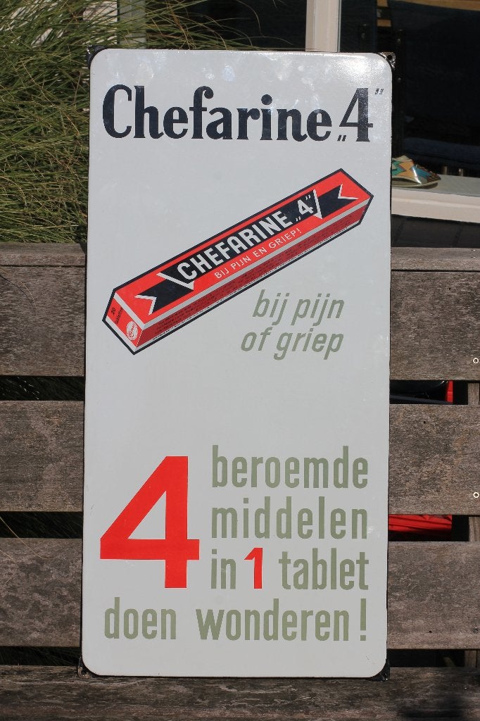 emaille bord chefarine 4 bij pijn of griep, Antiek en Kunst, Ophalen of Verzenden