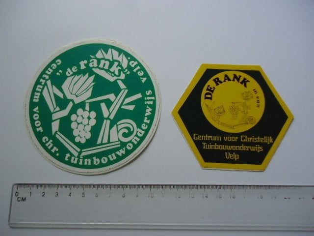 sticker oud Velp DE RANK tuinbouw school retro 2 x, Verzenden, Zo goed als nieuw, Bedrijf of Vereniging