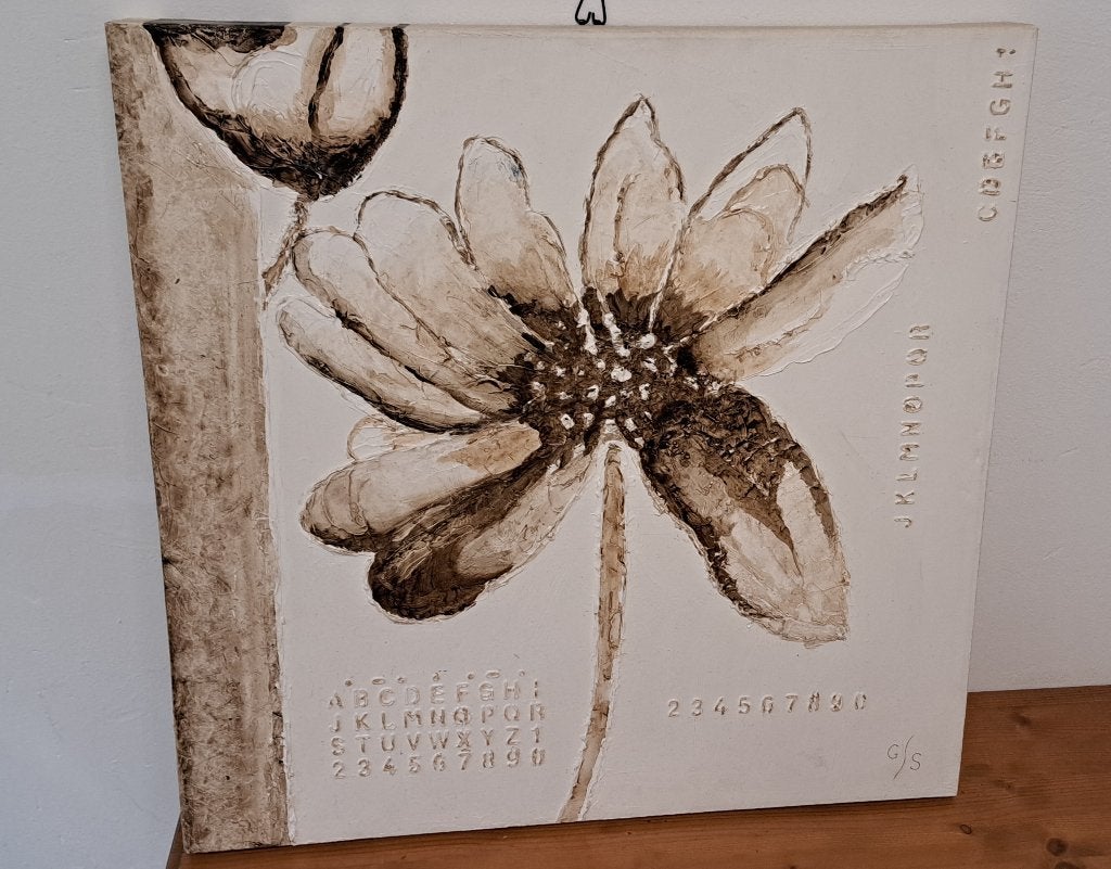 te koop beschilderd schilderij met letters en bloem 60 x 60, Antiek en Kunst, Kunst | Schilderijen | Klassiek, Bloemen, Doek, Ophalen of Verzenden