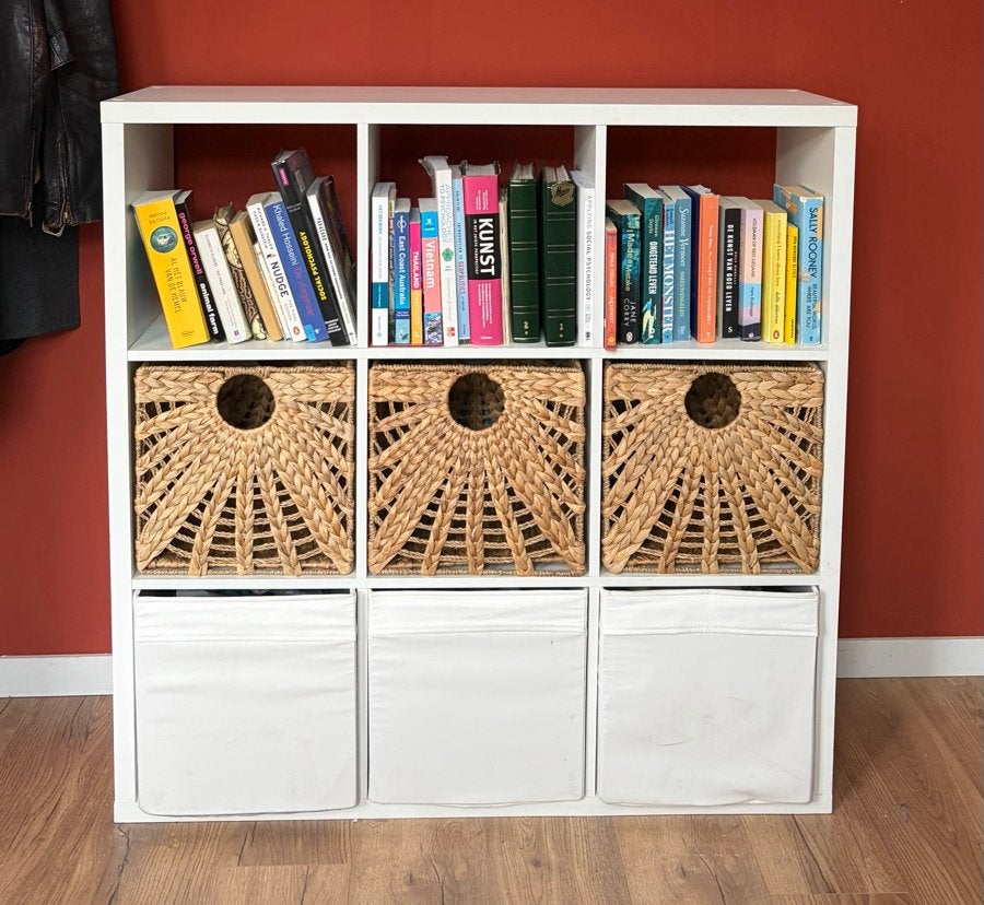 Witte Kallax kast met 9 vakken, inclusief manden, Ophalen, Gebruikt, 100 tot 150 cm, 50 tot 100 cm