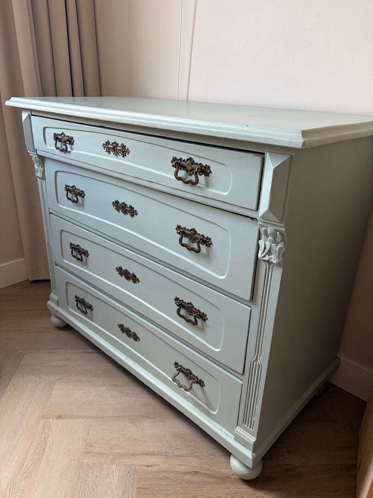 Vintage Brocante Commode - Licht Blauw/Groen/Salie, Ophalen, Gebruikt, 50 tot 70 cm, 75 tot 100 cm