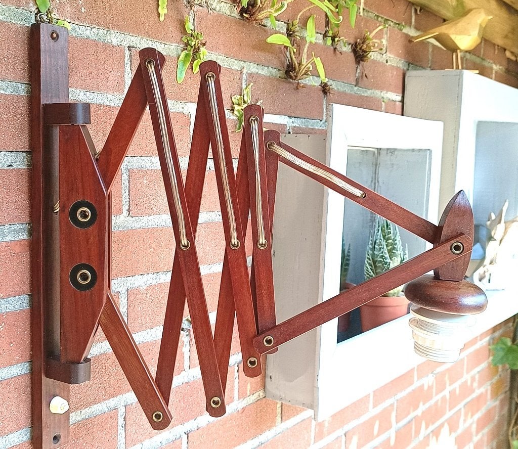 vintage schaarlamp -mahonie houten wandlamp -harmonica lamp, Antiek en Kunst, Ophalen of Verzenden