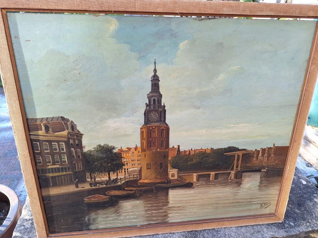 Oud schilderij op paneel de Montelbaanstoren in Amsterdam, Antiek en Kunst, Kunst | Schilderijen | Klassiek, Ophalen