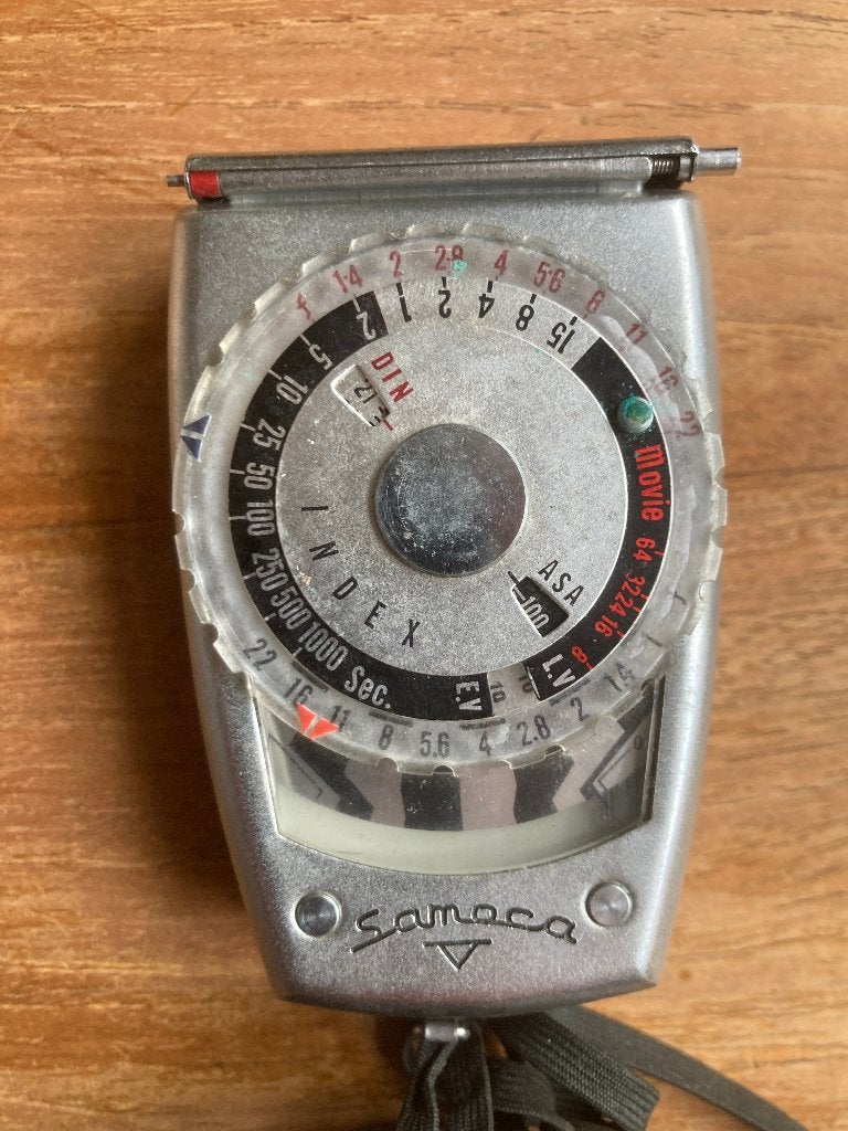 Vintage belichtingsmeter Samoca lichtmeter in leren etuitje, Ophalen of Verzenden, Gebruikt, Inclusief draagtas, Overige typen