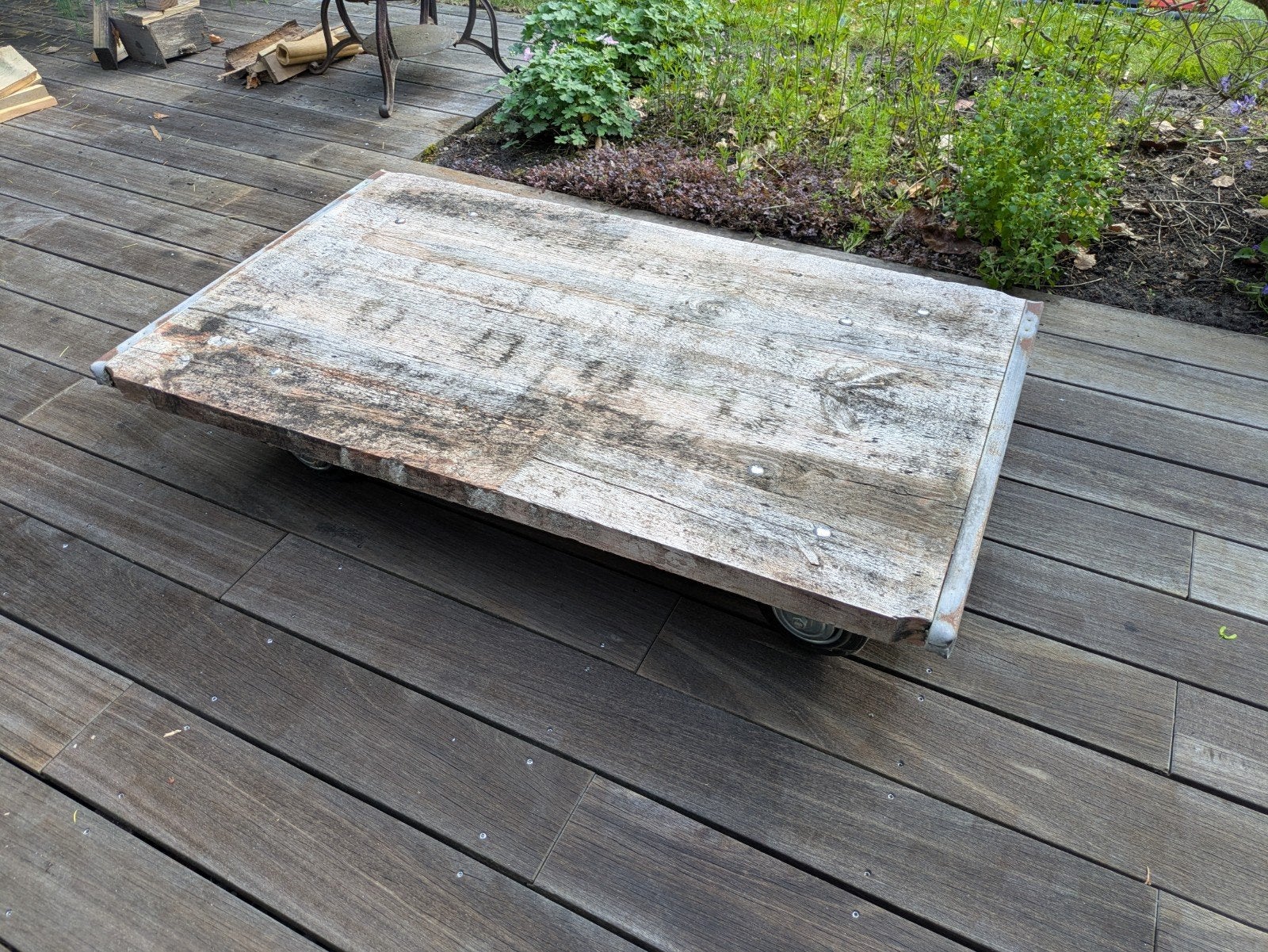 Steenschot tuintafel met wielen, Tuin en Terras, Tuintafels, Ophalen, Gebruikt, Rechthoekig, Hout