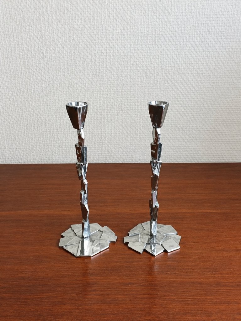 2 abstracte, brutalistische  metalen kandelaars C.Ammerlaan, 17 cm, Zilver, Ophalen of Verzenden, Metaal