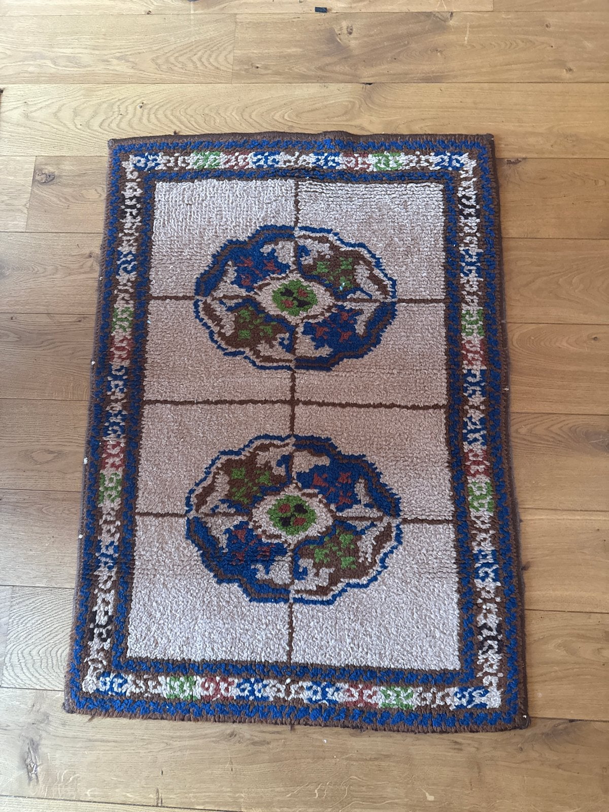 Vintage Vloerkleed met Bloempatroon - Handgemaakt, Gebruikt, 100 tot 150 cm, Blauw, Rechthoekig