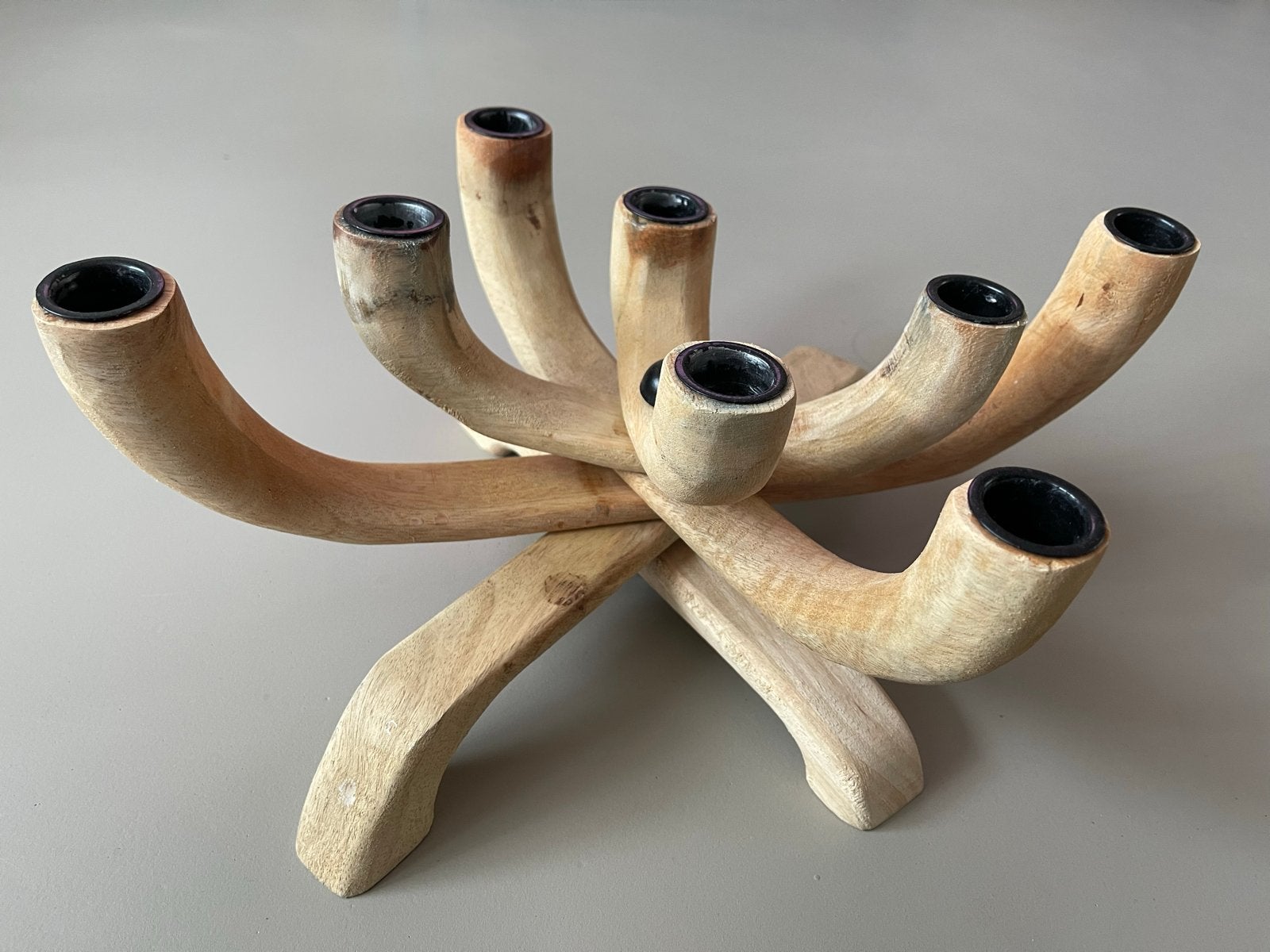 8-armige kandelaar van mangohout, 13 x 35 cm, Huis en Inrichting, Gebruikt, Beige, Ophalen of Verzenden, Kandelaar