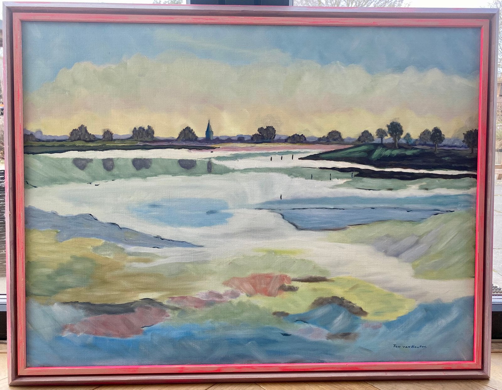 Schilderij gesigneerd, parstelkleuren, landschap, Landschap, Acrylverf, Gesigneerd, Ophalen of Verzenden