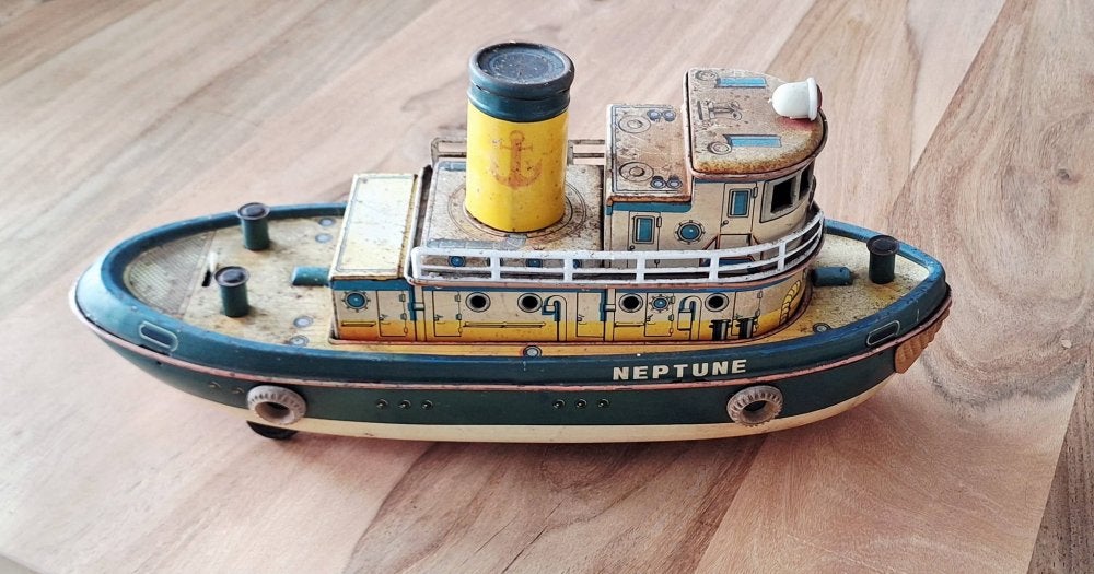 Vintage blikken speelgoed sleepboot Neptune, made in Japan., Antiek en Kunst, Ophalen of Verzenden