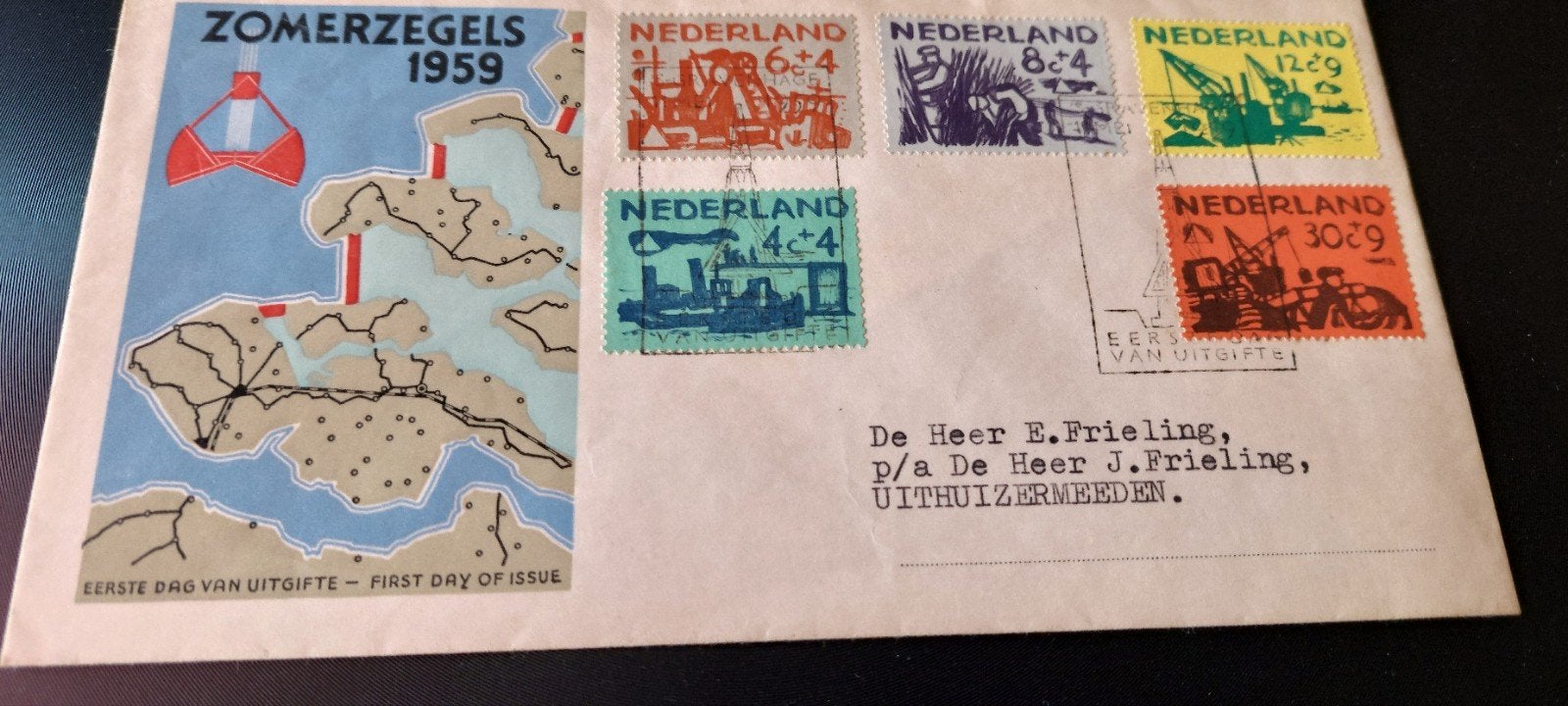 Eerste dagenvelope e38 zomerzegels 1959, Ophalen, Beschreven, Nederland