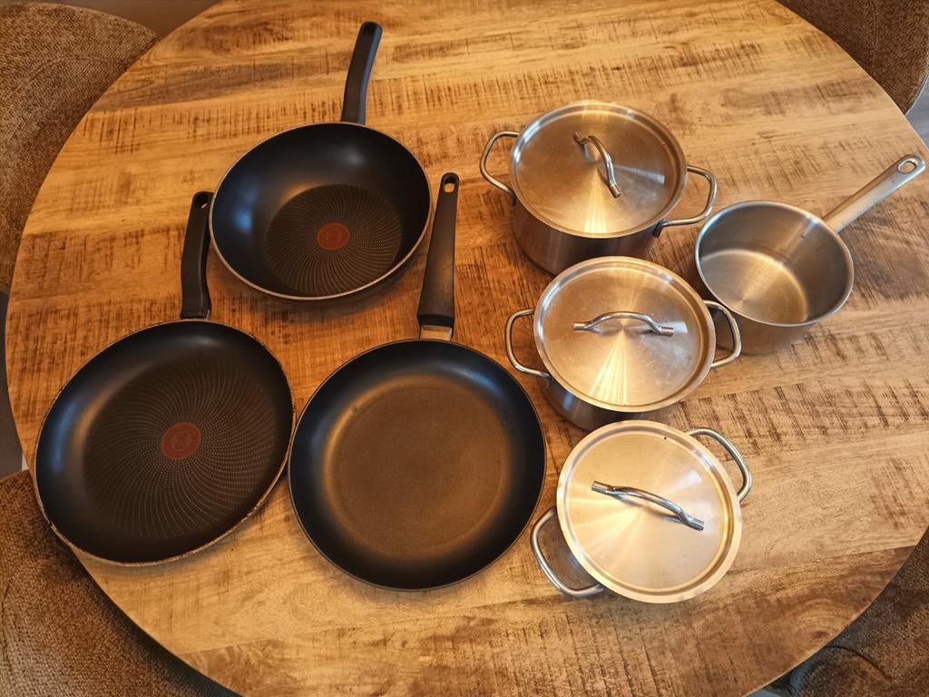 Pannenset: Koekenpannen en Kookpannen, Gebruikt, Pannenset, Ophalen of Verzenden, Rvs