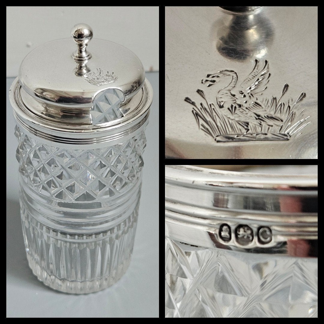 antiek zilver,  geslepen kristal mosterdpot met 925 zilver, Ophalen of Verzenden, Zilver