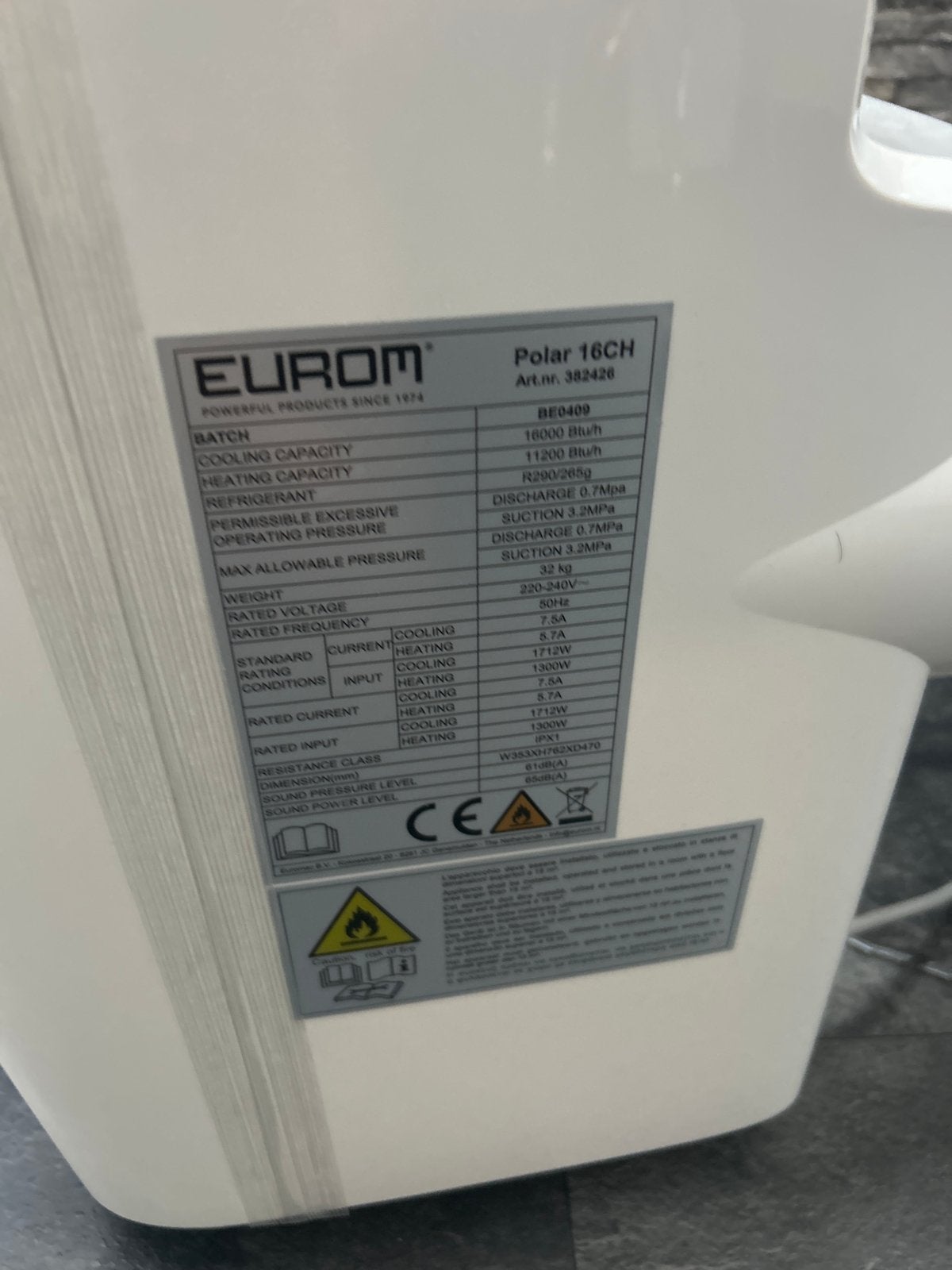 Eurom Polar 16CH Mobiele Airco met Afstandsbediening, Ophalen, Koelen en Ontvochtigen, Timer, Nieuw