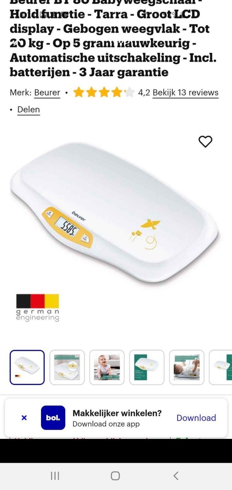 Beurer BY 80 Babyweegschaal - Digitale weegschaal tot 20 kg, Witgoed en Apparatuur, 1 tot 500 gram, Nieuw, Ophalen of Verzenden