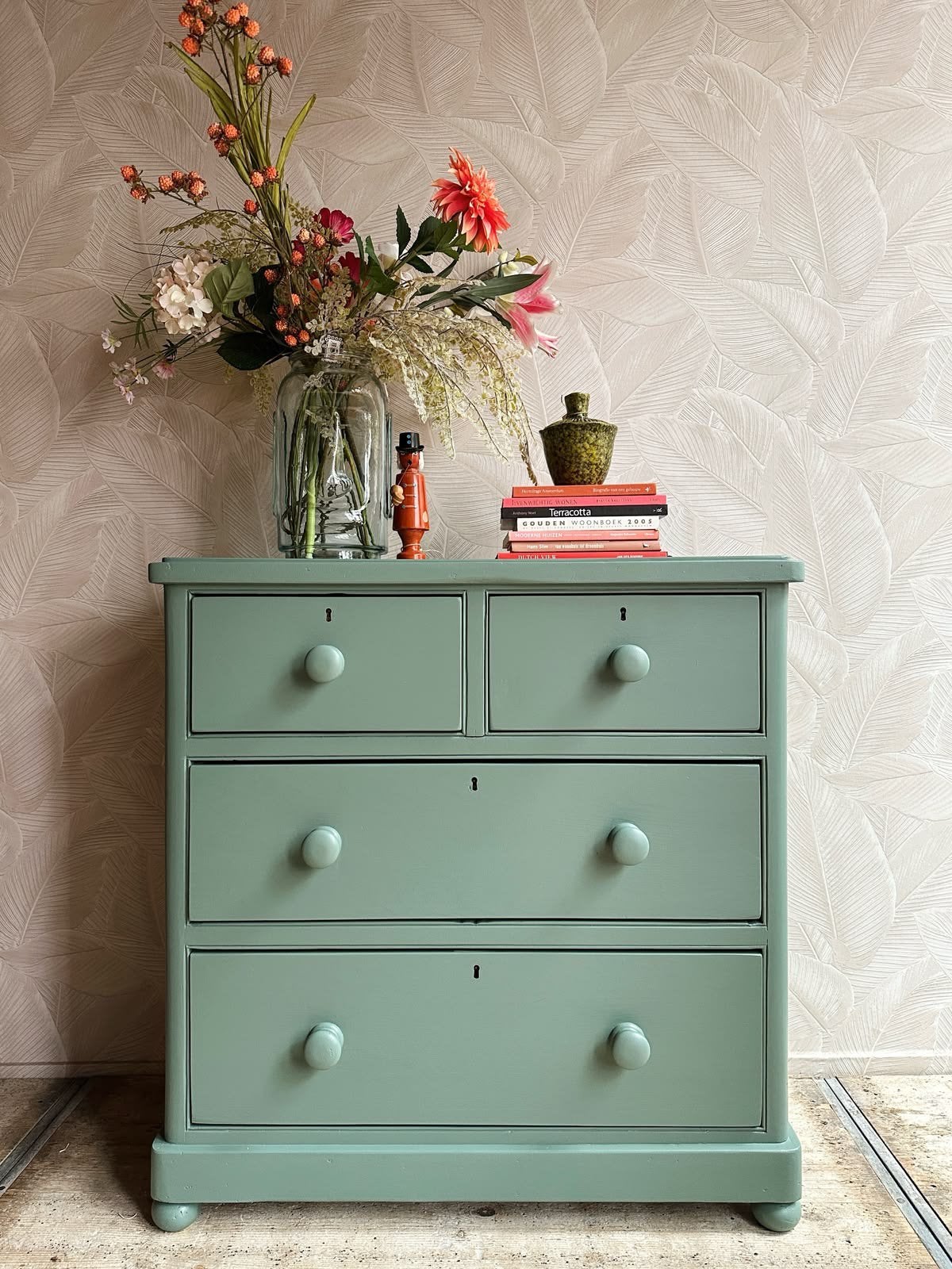 Vintage grenen houten ladekast / commode, oud blauw/groen, Huis en Inrichting, -, -, Zo goed als nieuw, 3 of 4 laden