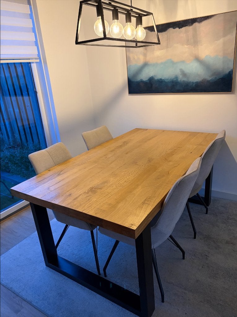 Houten Eettafel + 4 Stoelen – Compleet als Set, Ophalen, Gebruikt, 100 tot 150 cm, Eikenhout