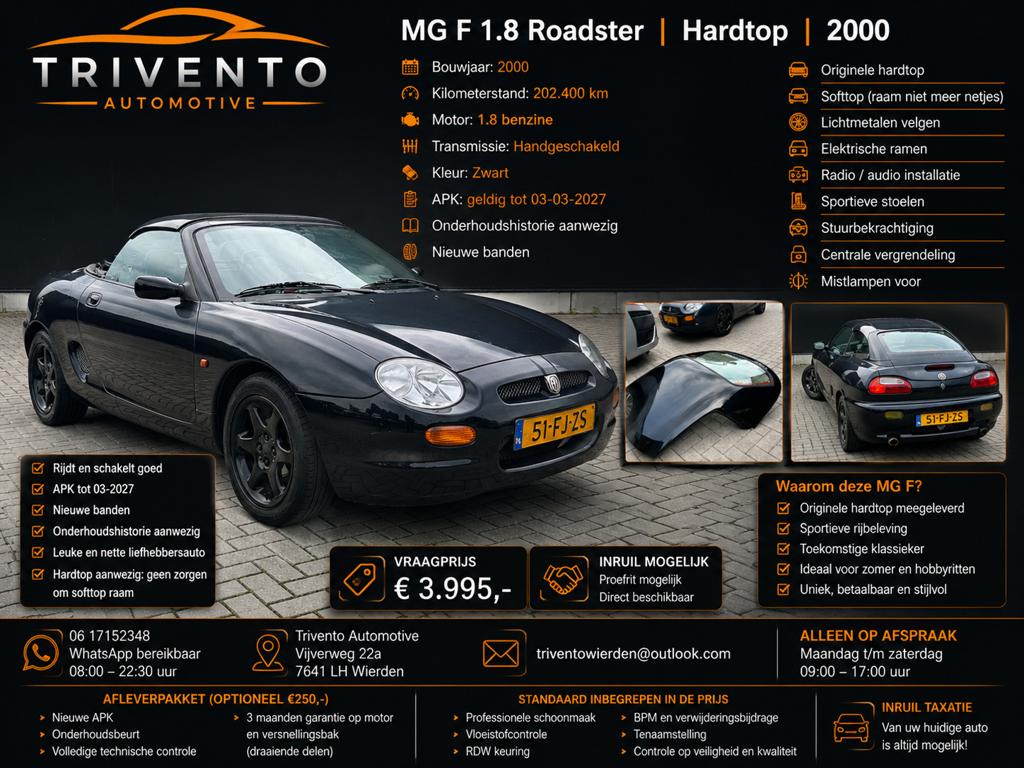 MG F 1.8 I HARDTOP/ ONDERHOUDSHISTORIE/ SPORTSTUUR, Auto's, Voorwielaandrijving, Stof, 40 €/maand, 4 cilinders