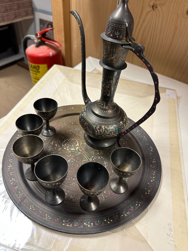 Vintage Oosters Dienblad met Karaf en Bekers - Brons/Koper, Ophalen, Brons