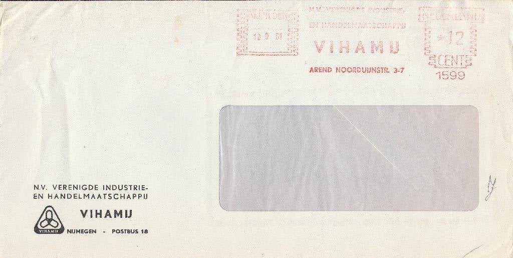 NIJMEGEN 1961 VIHAMIJ enveloppenfront, Ophalen of Verzenden, 1960 tot 1980, Gelopen, Gelderland