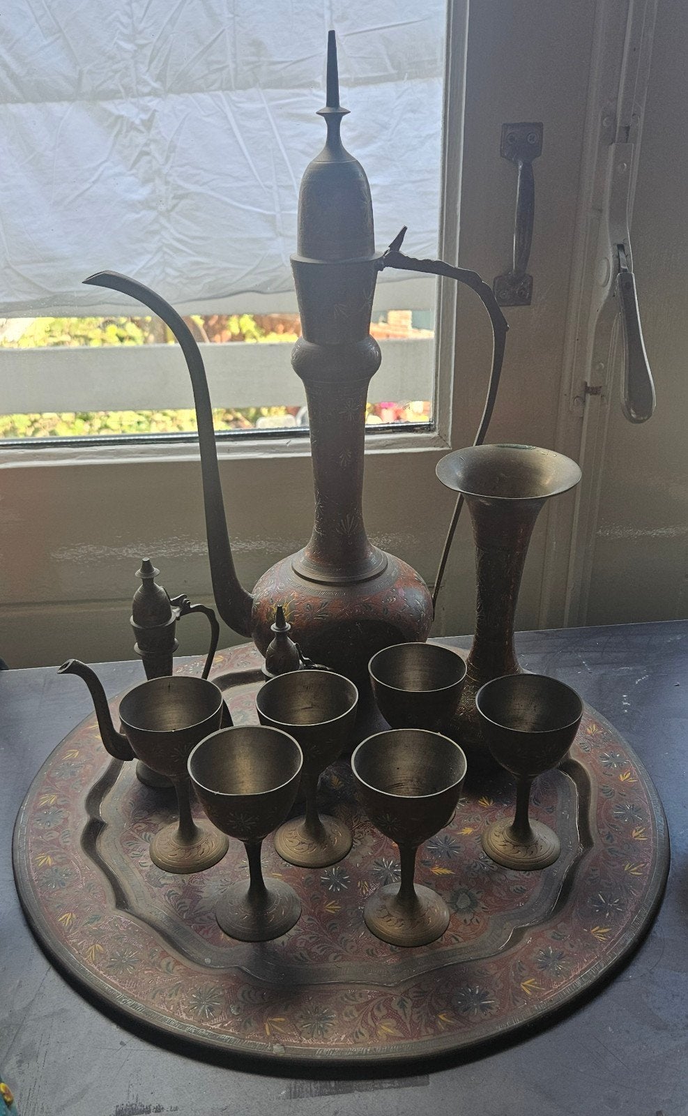 Antieke Indiase theeset met dienblad en glazen, Antiek en Kunst, Ophalen of Verzenden
