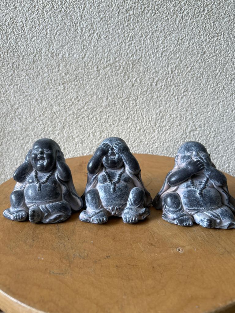 Set van 3 Boeddha beeldjes - Horen, Zien, Zwijgen, Ophalen of Verzenden, Grijs, Steen/keramiek, Oosters