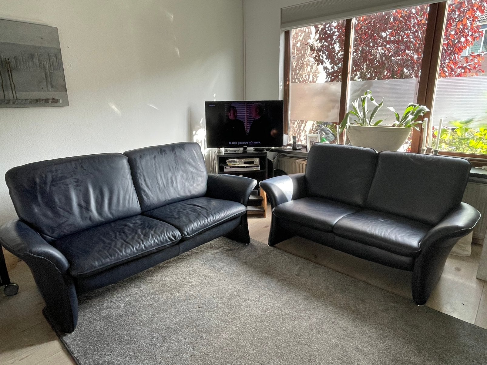 ORIGINELE B&B ITALIA , donkerblauw 2-en 3 zits-bank Vught, Ophalen, Gebruikt, Leer, Vintage