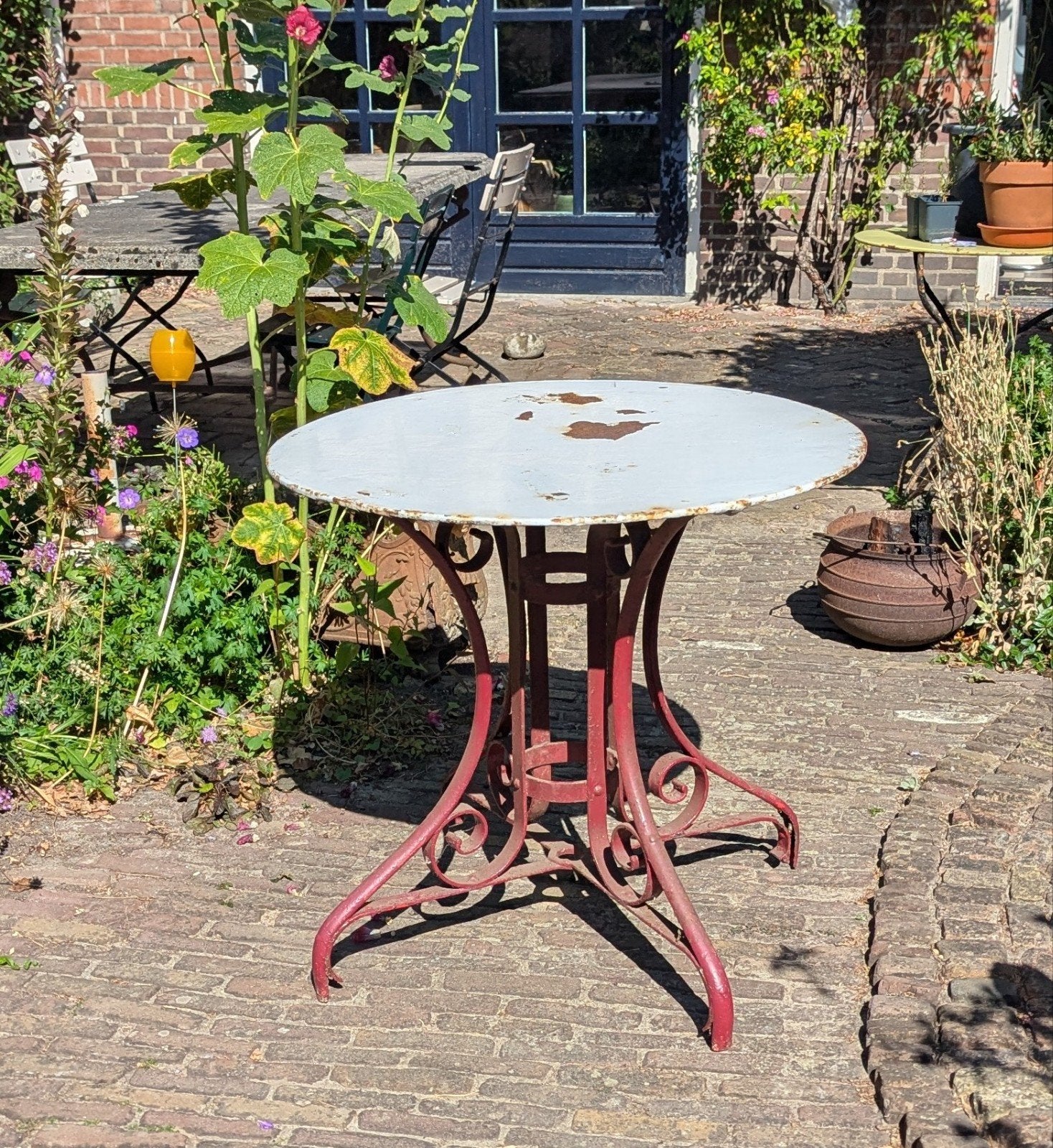 Antieke Tuintafel Frans model, Tuin en Terras, Tuintafels, Ophalen, Gebruikt, Rond, Metaal