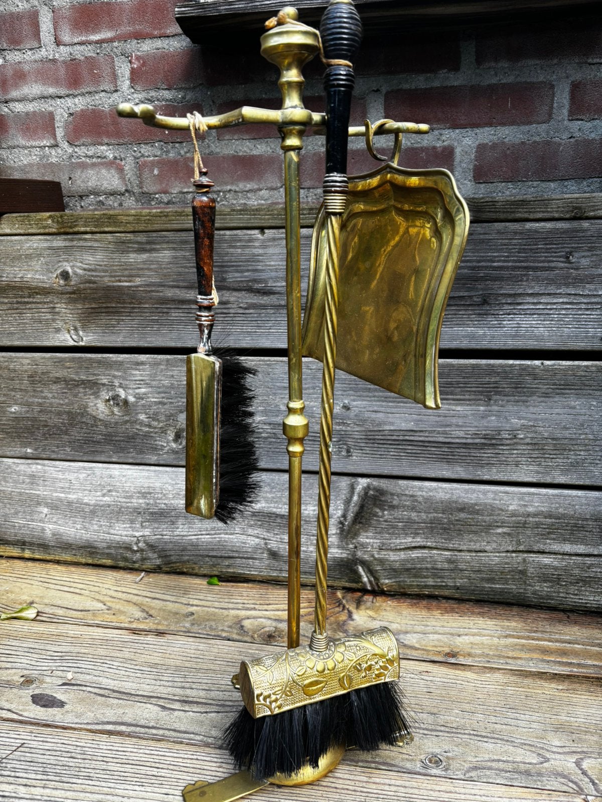 Klassiek vintage  messing haardstel, Ophalen, Hout, Houtkachel