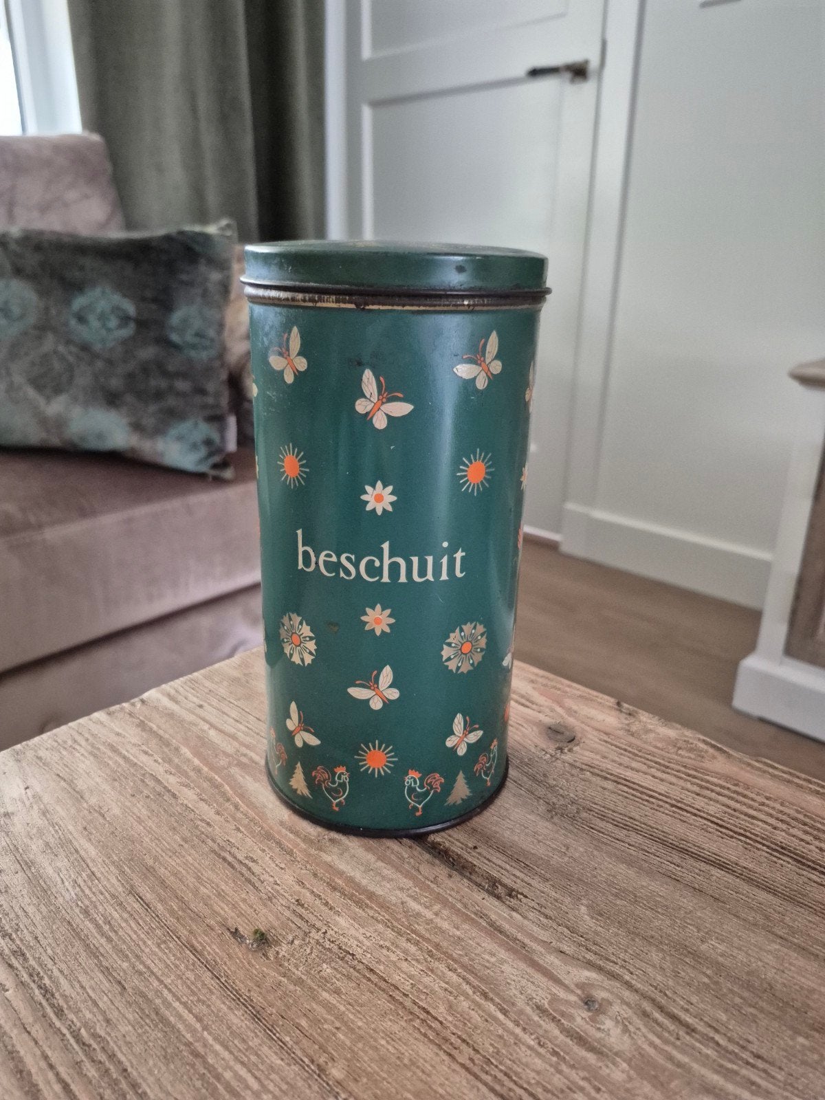 Vintage Beschuitbus De Spar - Groen met vlinders, Ophalen of Verzenden