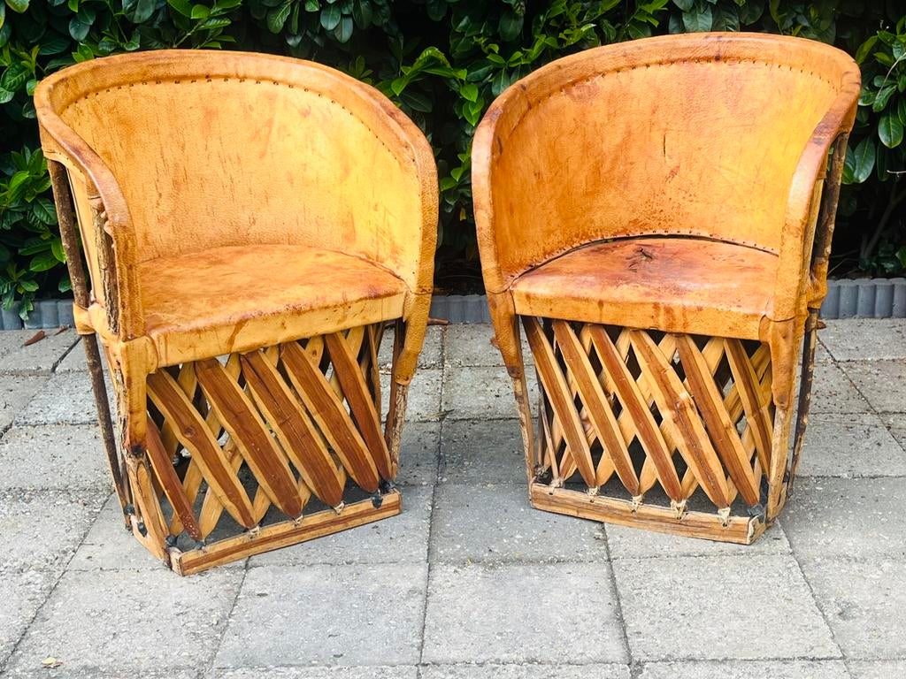 Volkskunst Equipale Struisvogel Lederen Stoelen Mexico jaren, Ophalen of Verzenden, Gebruikt, Bruin, Leer