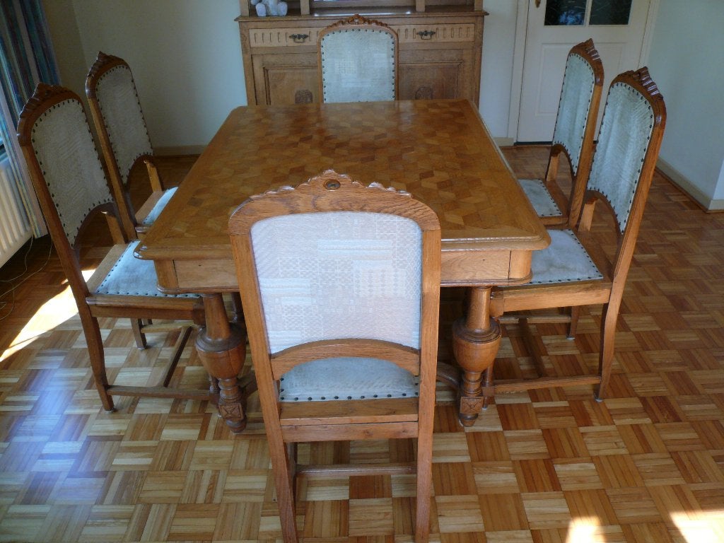 Antieke Eiken Eethoek Mozaïek Tafel 6 Stoelen, Ophalen