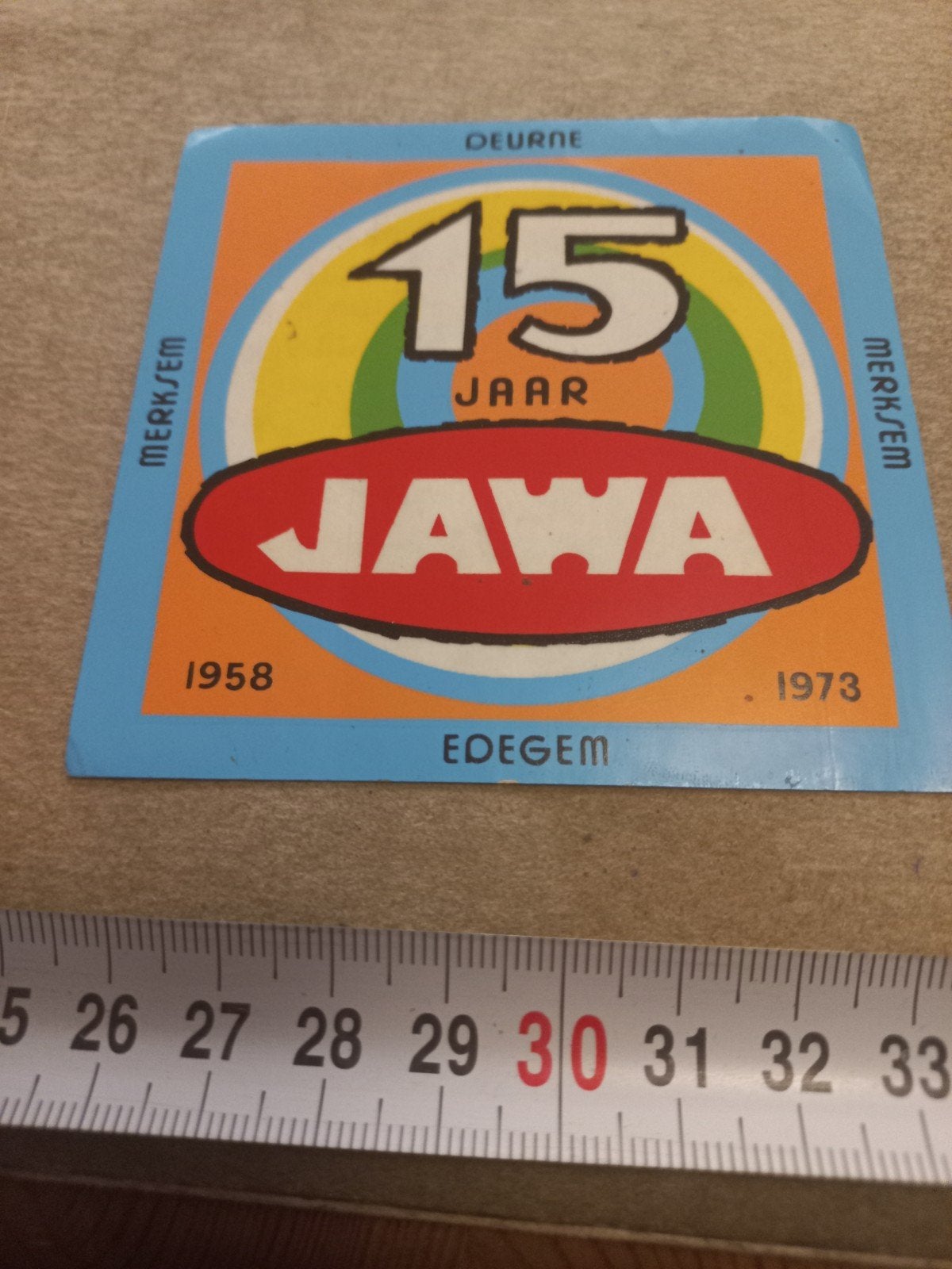 Vintage Jawa 15 Jaar Jubileum Sticker 1958-1973, Ophalen of Verzenden, Gebruikt