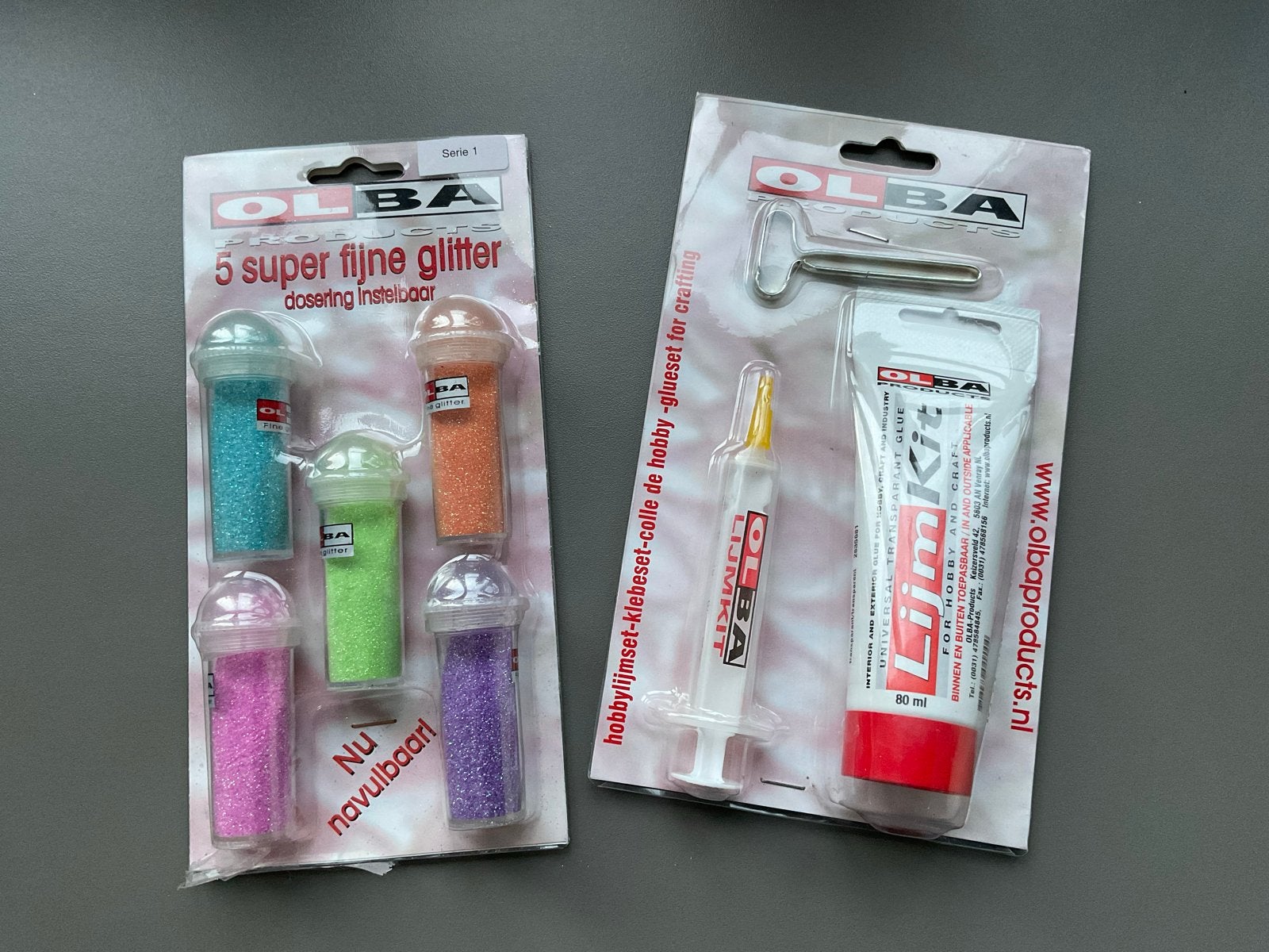 Olba glitterpotjes en lijmkit - Nieuw, Nieuw, Meerkleurig, Ophalen of Verzenden, Kunststof