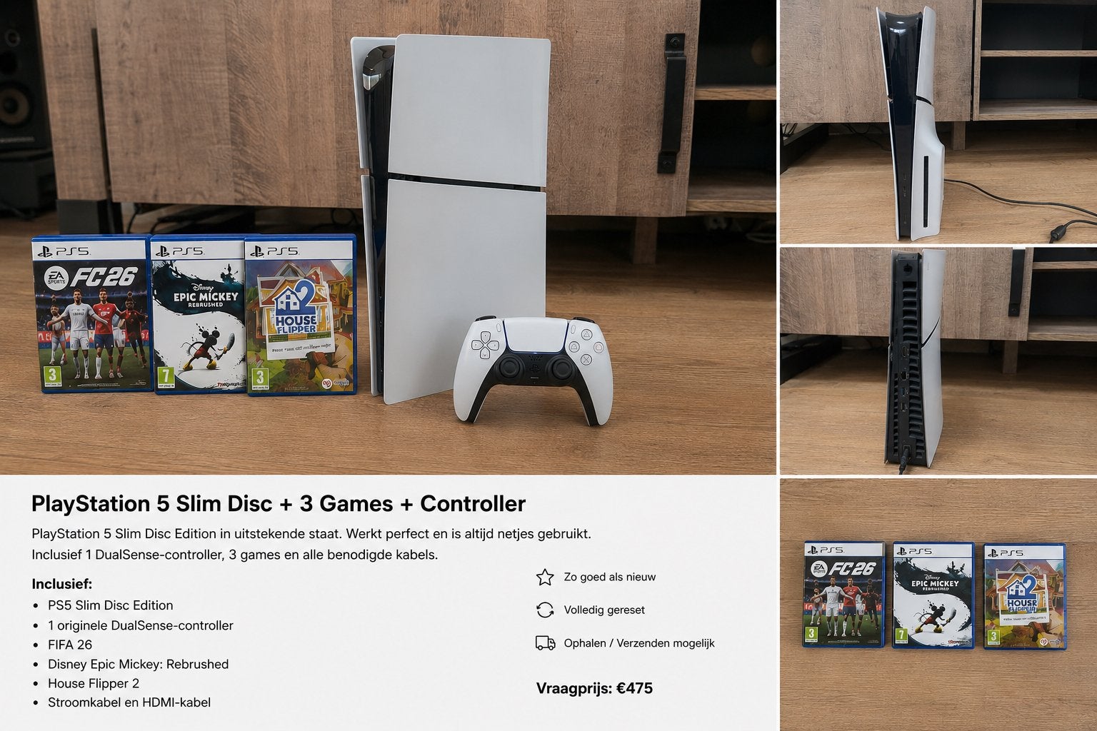 PlayStation 5 Slim Disc + 3 Games + Controller, Overige genres, 1 speler, Eén computer, Ophalen of Verzenden