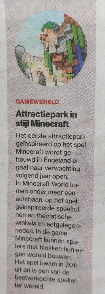 1e attractiepark Minecraft World wordt gebouwd. Krantenart., Ophalen of Verzenden, 1980 tot heden, Buitenland, Knipsel(s)