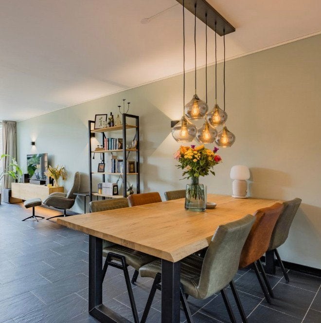 Moderne hanglamp met 5 glazen bollen - Smoke glas, Ophalen, Modern, Industrieel, E27 (groot), Zo goed als nieuw