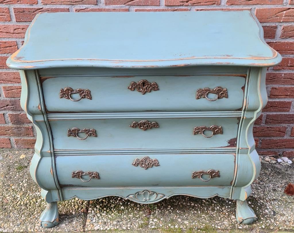 Brocante landelijk antiek buikkastje ladenkastje grijs blauw, Huis en Inrichting, Kasten | Ladekasten, Zo goed als nieuw, Minder dan 100 cm