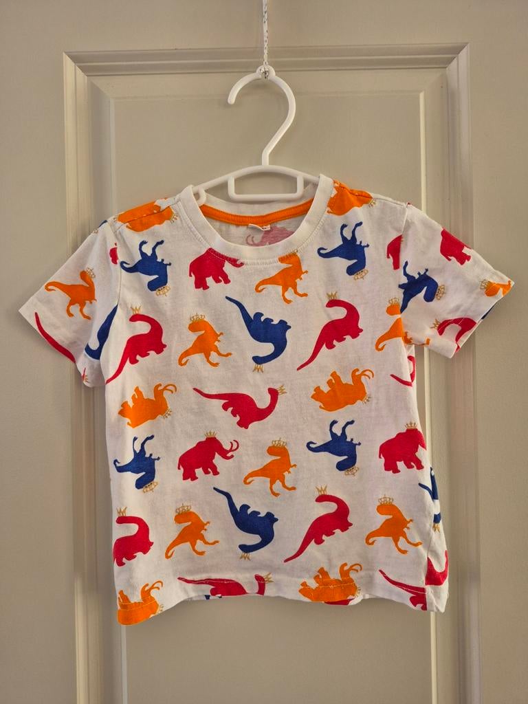 Koningsdag shirt kind dino dinosaurus 98 104 wit oranje rood, Ophalen of Verzenden, Zo goed als nieuw, Meisje, Shirt of Longsleeve