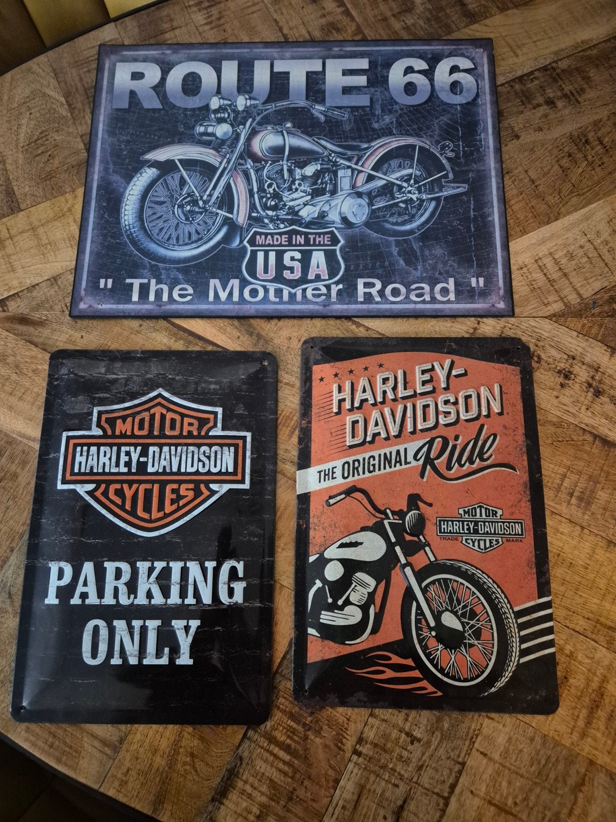 Set van 3 metalen wandborden: Route 66 & Harley-Davidson, Vintage, Gebruikt, Meerkleurig, Ophalen of Verzenden