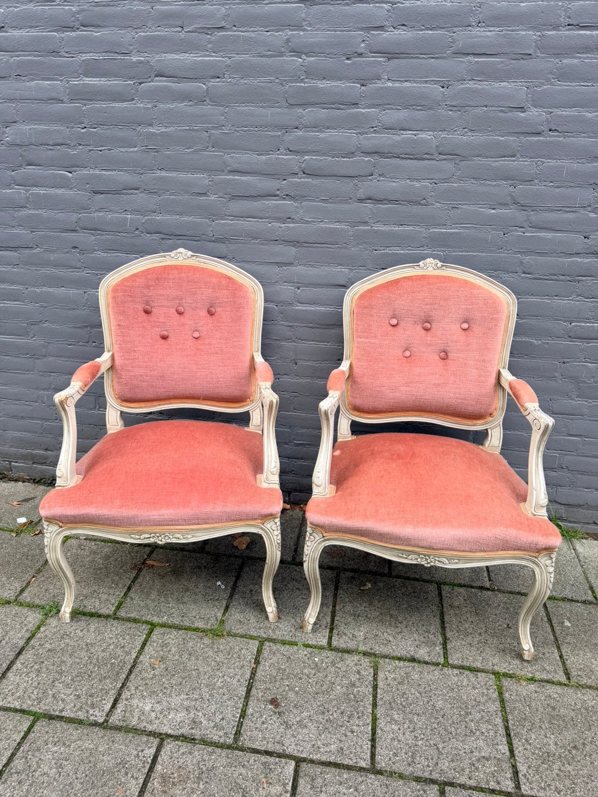Set 2 Prachtige Antieke Franse Fauteuils Zalmroze Velours, Ophalen