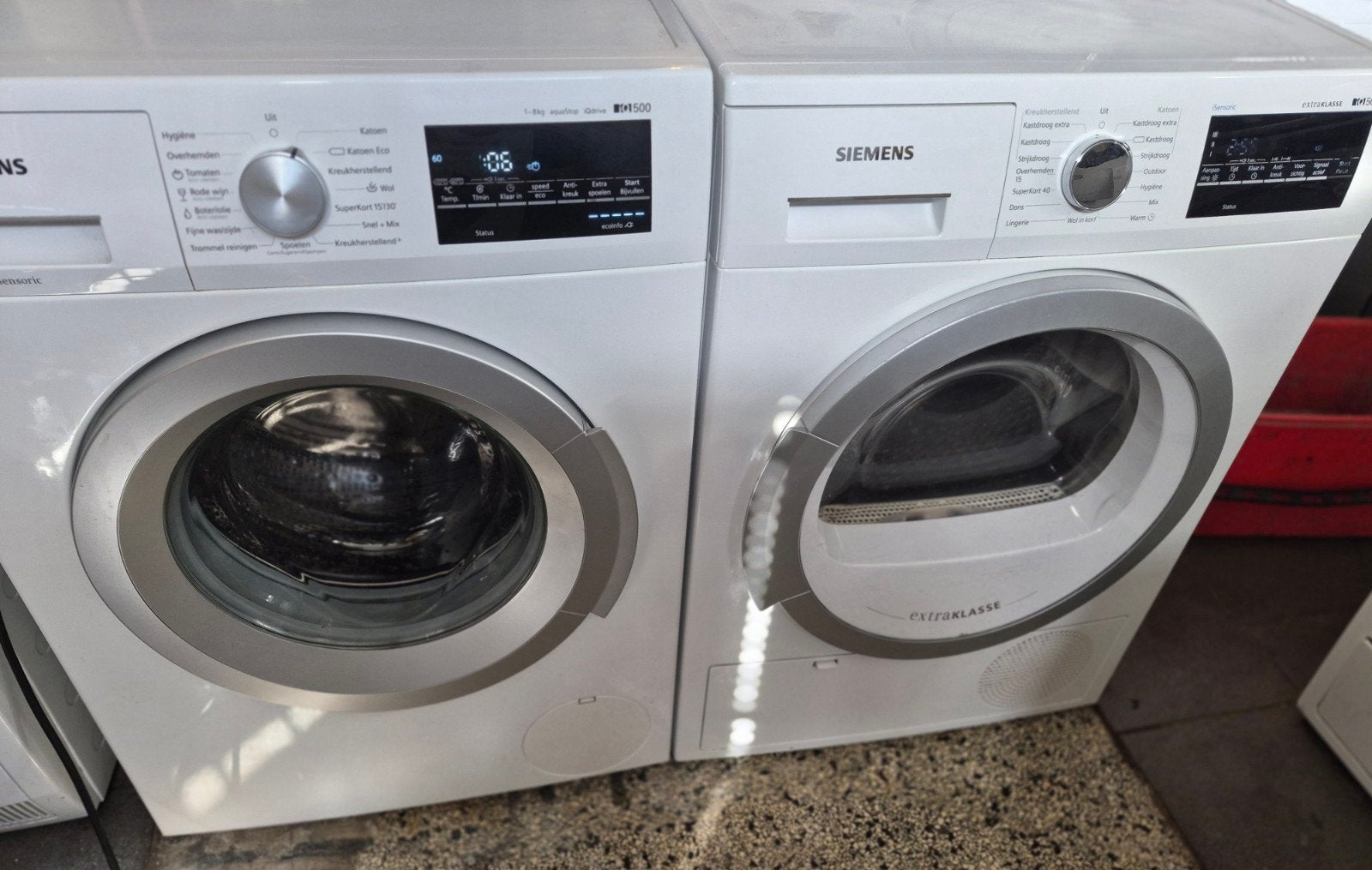 set Siemens iq 500 wasmachine  en warmtepompdroger 8kg, 8 tot 10 kg, Ophalen, Zo goed als nieuw, Minder dan 85 cm
