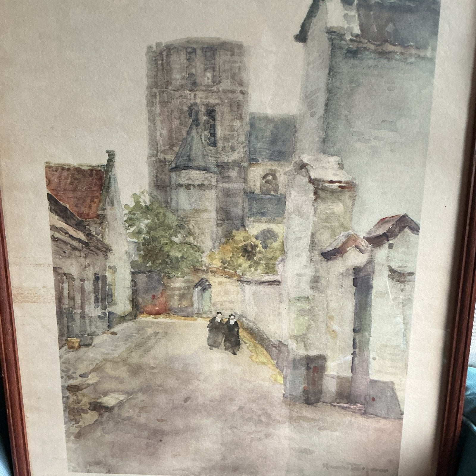 Antieke Aquarel: Stadsgezicht Thorn met Klooster, Ophalen, Achter glas, Klassiek, Aquarel
